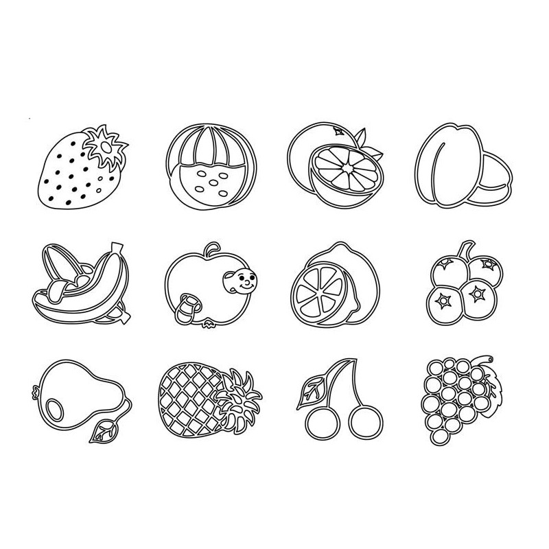 Frutta, set 12 timbri in legno.