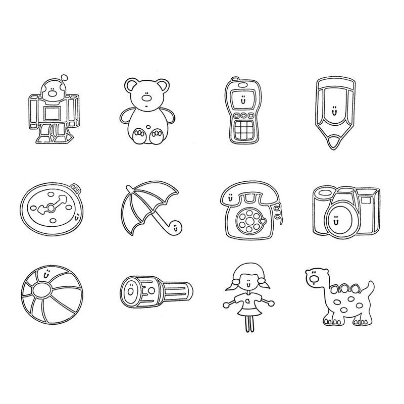 Giocattoli, set 12 timbri in legno.