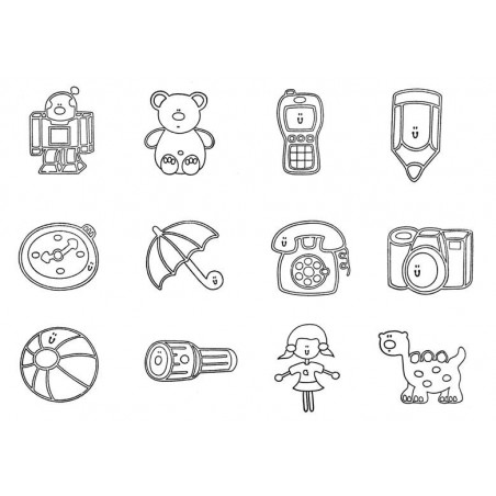 Giocattoli, set 12 timbri in legno.